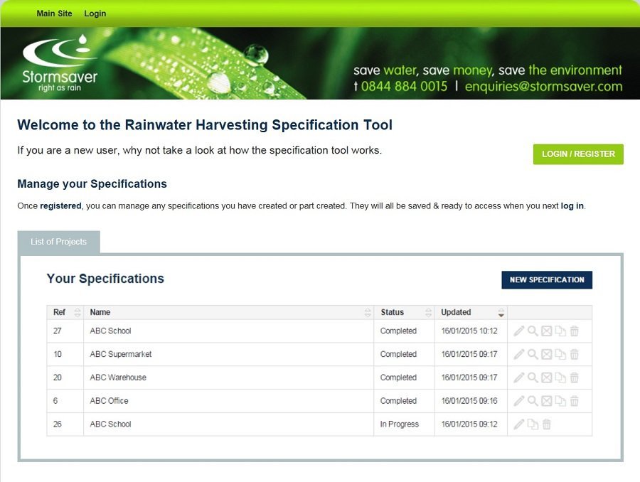 rainwater harvesting specification tool